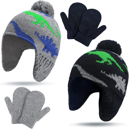 4 PCS Baby Boy Toddler Dinosaur Hat and Glove Set Boys Winter Hat Beanie Kids Gloves Winter Earflap Beanie Fleece Skiing Caps with Warm Ear Flap (Grey, Navy Blue, Green, Blue)