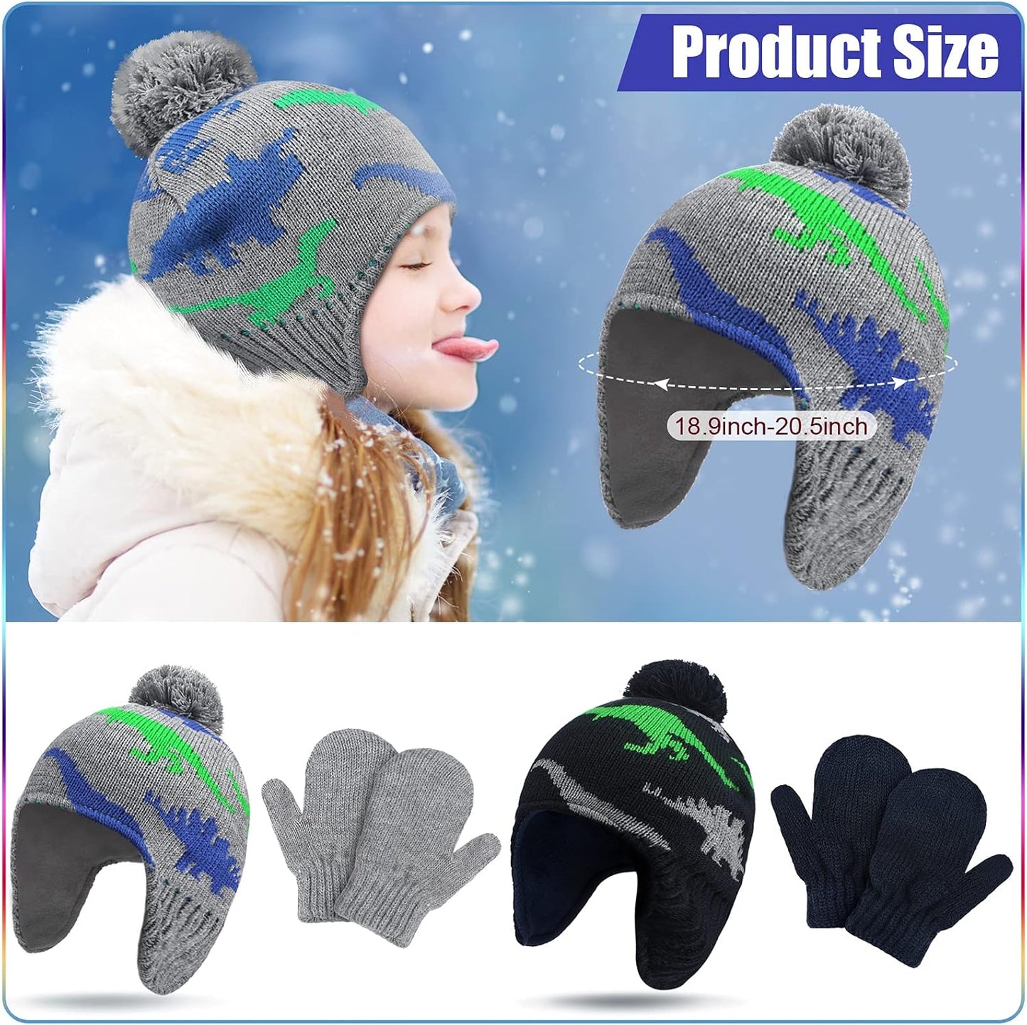 4 PCS Baby Boy Toddler Dinosaur Hat and Glove Set Boys Winter Hat Beanie Kids Gloves Winter Earflap Beanie Fleece Skiing Caps with Warm Ear Flap (Grey, Navy Blue, Green, Blue)