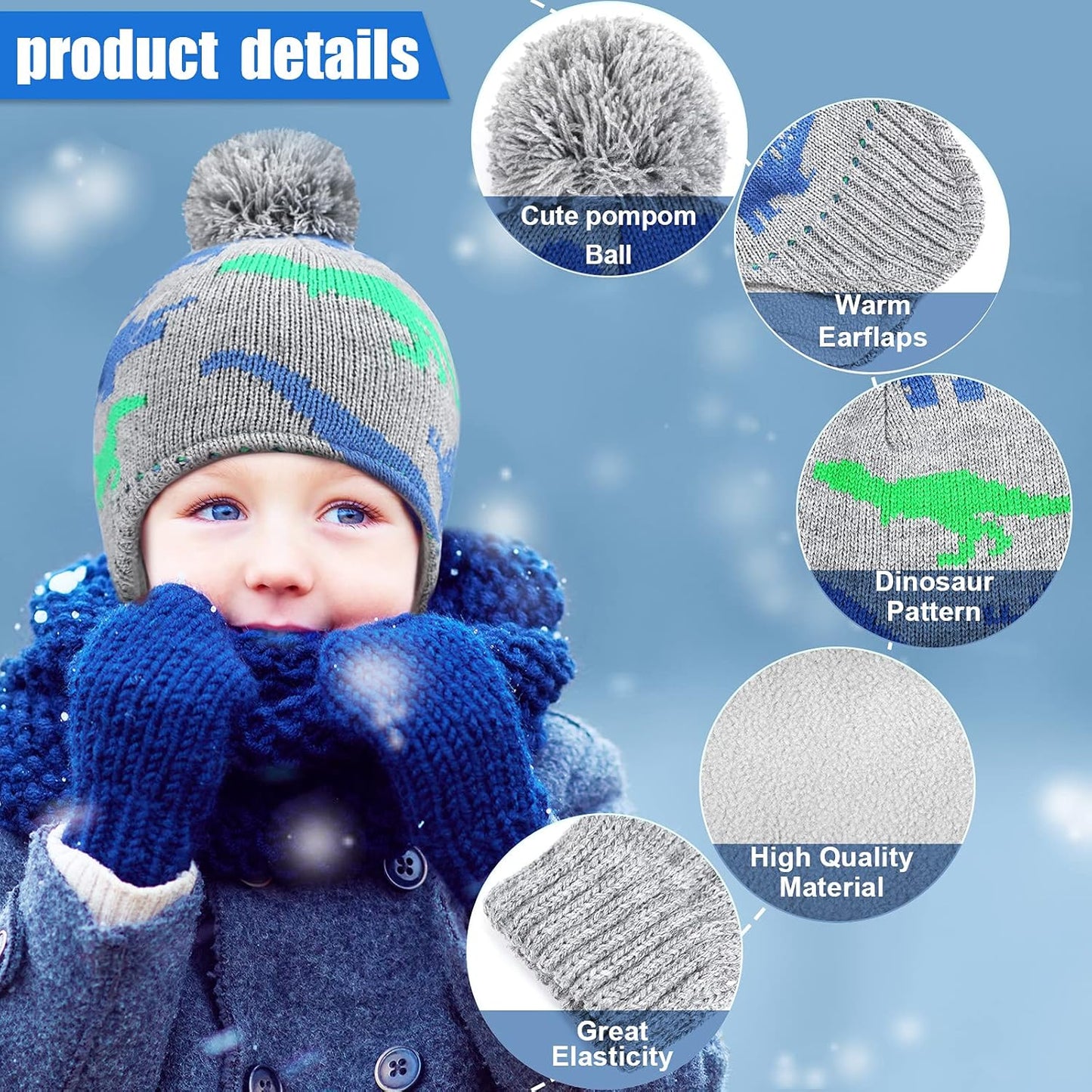 4 PCS Baby Boy Toddler Dinosaur Hat and Glove Set Boys Winter Hat Beanie Kids Gloves Winter Earflap Beanie Fleece Skiing Caps with Warm Ear Flap (Grey, Navy Blue, Green, Blue)