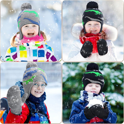 4 PCS Baby Boy Toddler Dinosaur Hat and Glove Set Boys Winter Hat Beanie Kids Gloves Winter Earflap Beanie Fleece Skiing Caps with Warm Ear Flap (Grey, Navy Blue, Green, Blue)