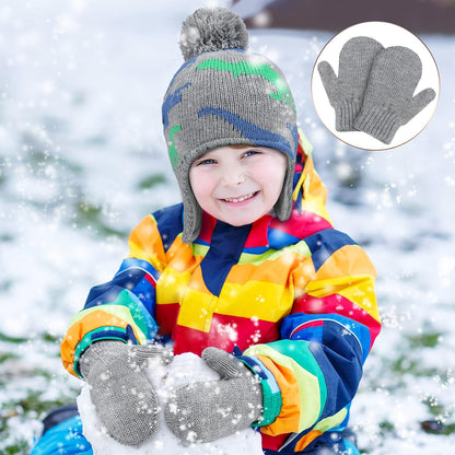 4 PCS Baby Boy Toddler Dinosaur Hat and Glove Set Boys Winter Hat Beanie Kids Gloves Winter Earflap Beanie Fleece Skiing Caps with Warm Ear Flap (Grey, Navy Blue, Green, Blue)