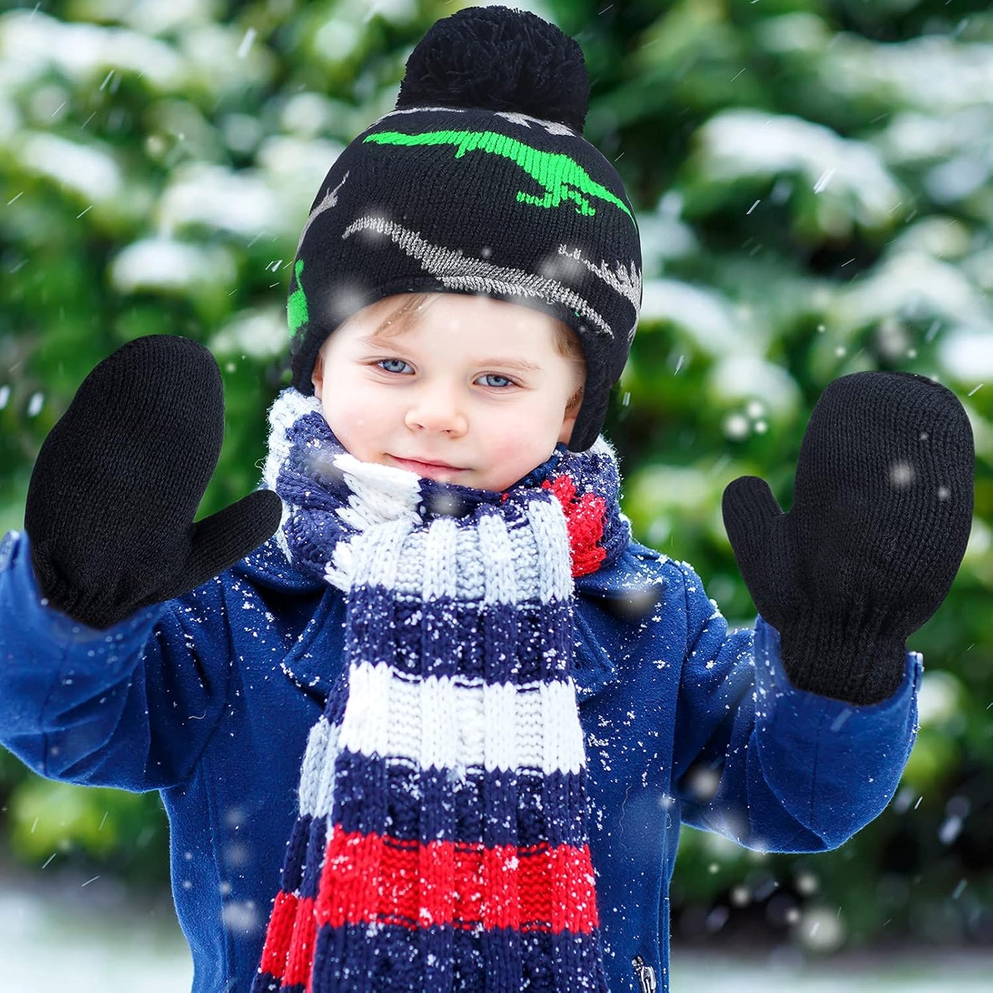 4 PCS Baby Boy Toddler Dinosaur Hat and Glove Set Boys Winter Hat Beanie Kids Gloves Winter Earflap Beanie Fleece Skiing Caps with Warm Ear Flap (Grey, Navy Blue, Green, Blue)