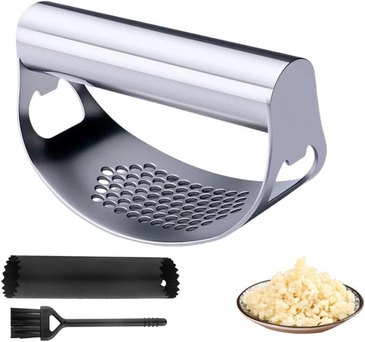 2025 New Stainless Steel Garlic Presser, Portable Manual Stainless Steel Garlic Press for Home Kitchen Utensils, Upgrade Rocker Crusher Masher with Garlic Peeling (1)