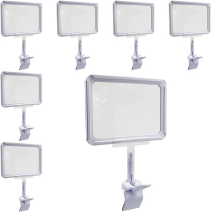 7 Pack White Acrylic Sign Holder with Clamp, 7x9 Inch Double Head Display Clips with Rotating Base and Sign Clip for Clothing, Retail, Boutique Display