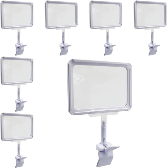 7 Pack White Acrylic Sign Holder with Clamp, 7x9 Inch Double Head Display Clips with Rotating Base and Sign Clip for Clothing, Retail, Boutique Display