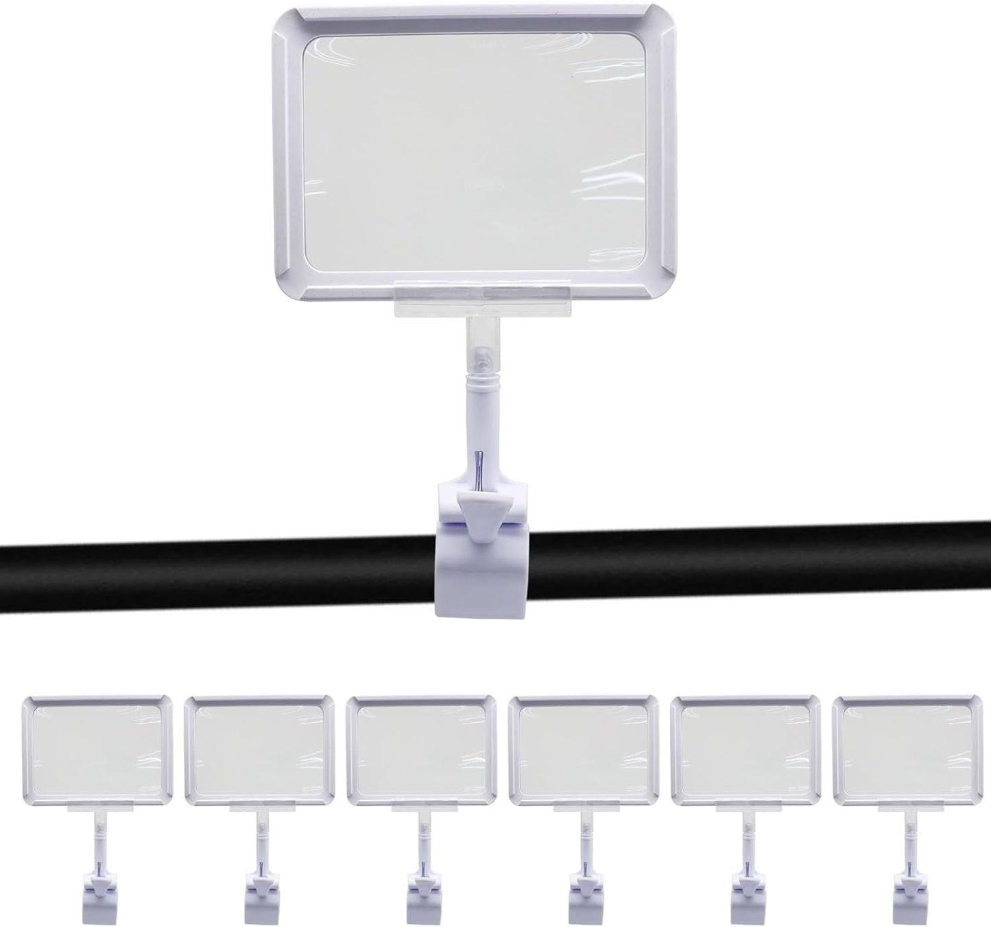 7 Pack White Acrylic Sign Holder with Clamp, 7x9 Inch Double Head Display Clips with Rotating Base and Sign Clip for Clothing, Retail, Boutique Display