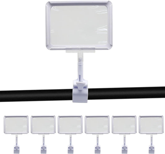 7 Pack White Acrylic Sign Holder with Clamp, 7x9 Inch Double Head Display Clips with Rotating Base and Sign Clip for Clothing, Retail, Boutique Display