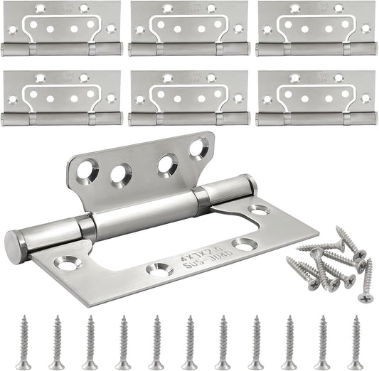 6 Pack Silver Non Mortise Door Hinges, 4"x3" Stainless Steel Bifold Door Hinges Thicken Heavy Duty Interior Gate Hinges with Mounting Screws