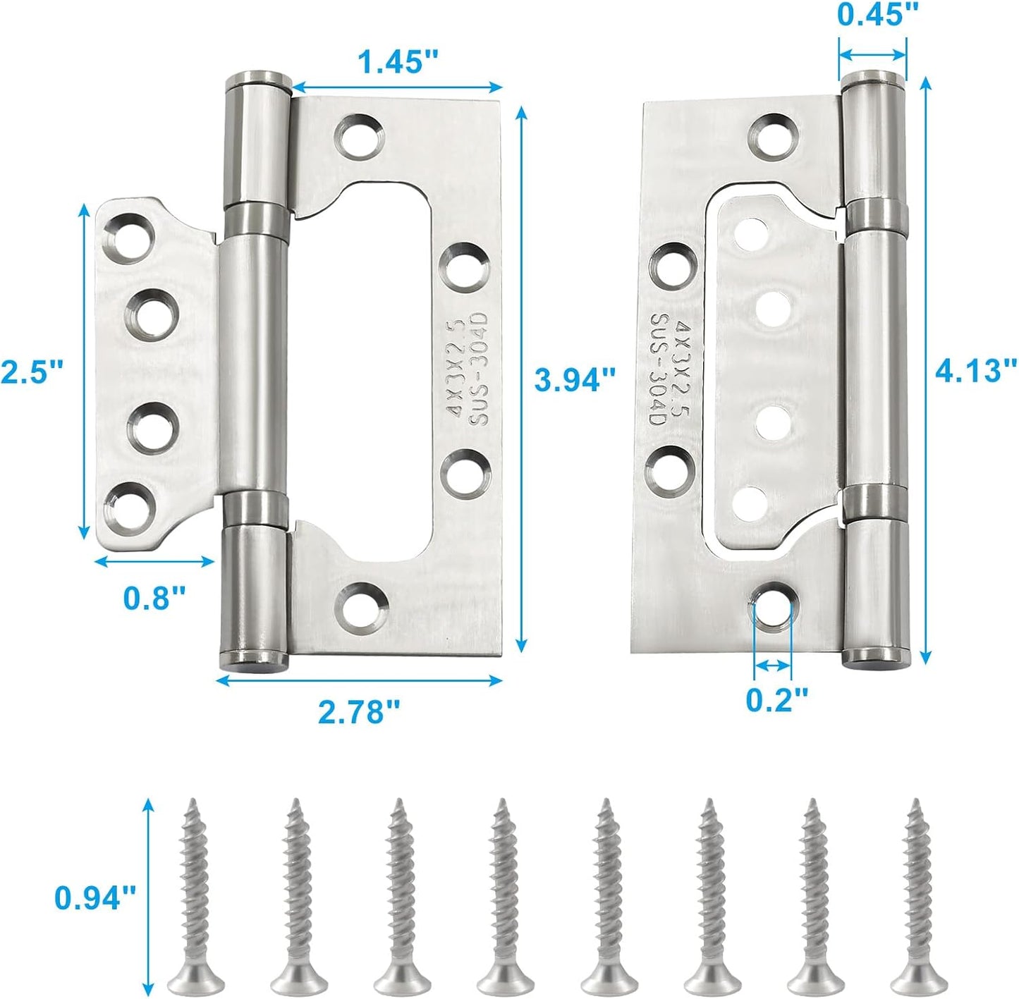 6 Pack Silver Non Mortise Door Hinges, 4"x3" Stainless Steel Bifold Door Hinges Thicken Heavy Duty Interior Gate Hinges with Mounting Screws