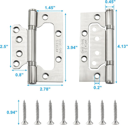 6 Pack Silver Non Mortise Door Hinges, 4"x3" Stainless Steel Bifold Door Hinges Thicken Heavy Duty Interior Gate Hinges with Mounting Screws