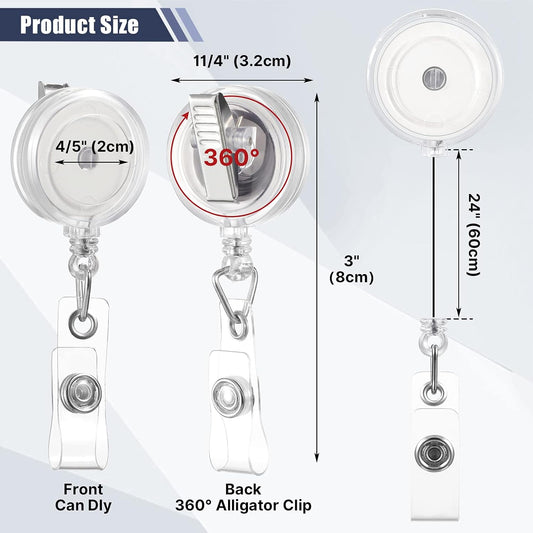 100 Pcs Translucent Retractable Badge Reels Round ID Badge Holders Nursing Name Reels with Swivel Alligator Clip and Vinyl Card Strap for Nurses Volunteer Students Teachers(Translucent Clear)