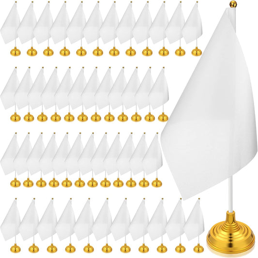 48 Pcs Mini White Desktop Flags on Stick with Stands 5.51 x 8.27 Office White Solid for DIY Craft Small Blank Desktop Flag with Pole for 4th of July Event Celebration