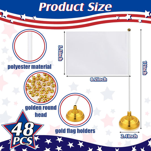 48 Pcs Mini White Desktop Flags on Stick with Stands 5.51 x 8.27 Office White Solid for DIY Craft Small Blank Desktop Flag with Pole for 4th of July Event Celebration