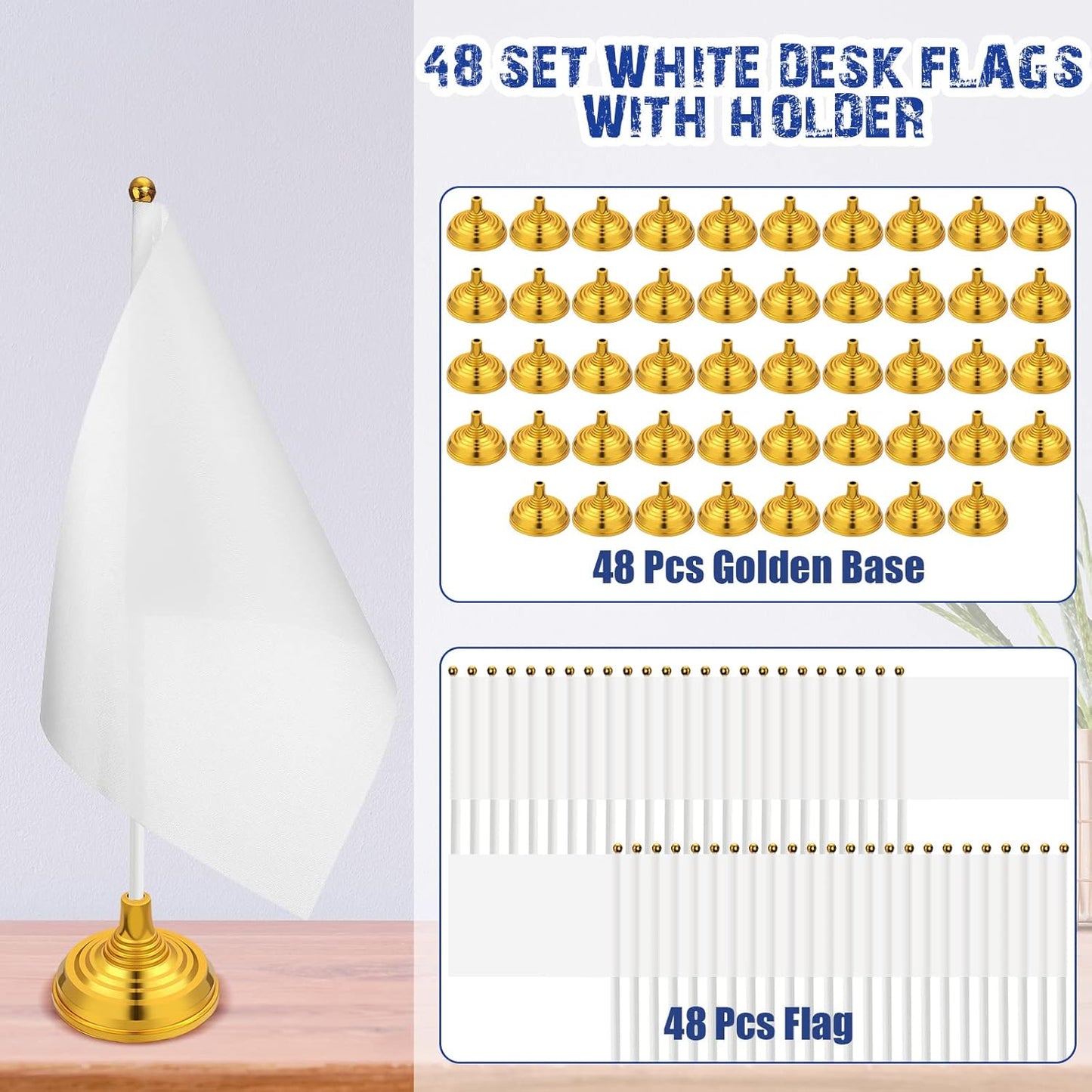 48 Pcs Mini White Desktop Flags on Stick with Stands 5.51 x 8.27 Office White Solid for DIY Craft Small Blank Desktop Flag with Pole for 4th of July Event Celebration