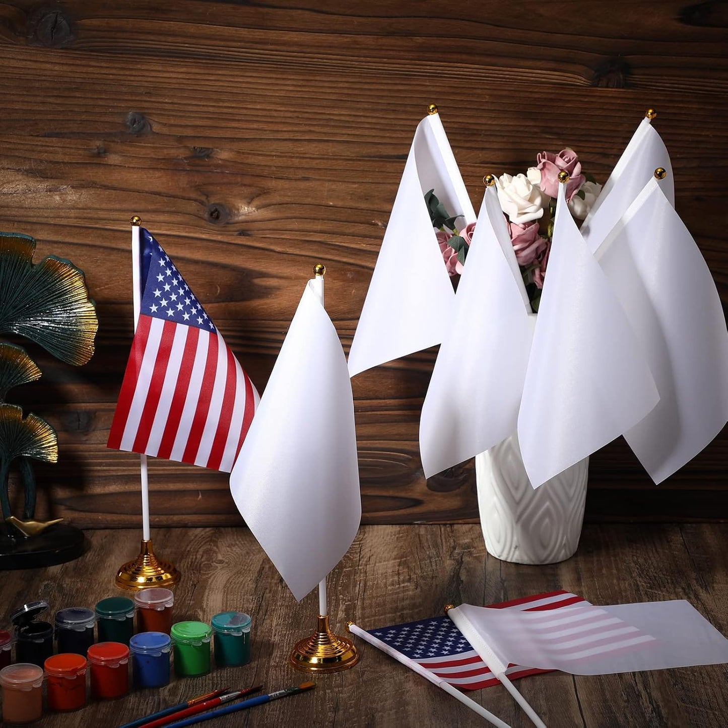 48 Pcs Mini White Desktop Flags on Stick with Stands 5.51 x 8.27 Office White Solid for DIY Craft Small Blank Desktop Flag with Pole for 4th of July Event Celebration