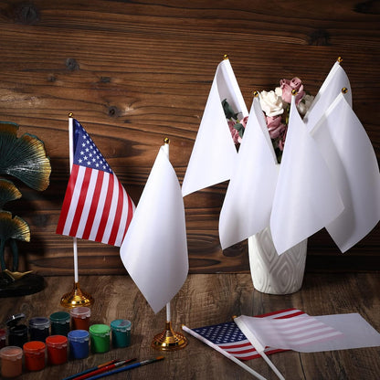 48 Pcs Mini White Desktop Flags on Stick with Stands 5.51 x 8.27 Office White Solid for DIY Craft Small Blank Desktop Flag with Pole for 4th of July Event Celebration