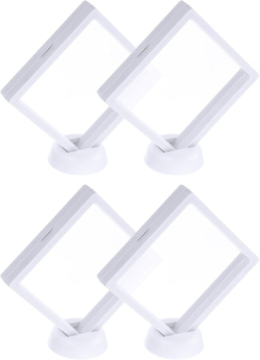 4 Pcs 3D Floating Display Case, 4.33 x 4.33 Inch Floating Frame Display Holder Stand, Transparent PE Jewelry Storage Box, White
