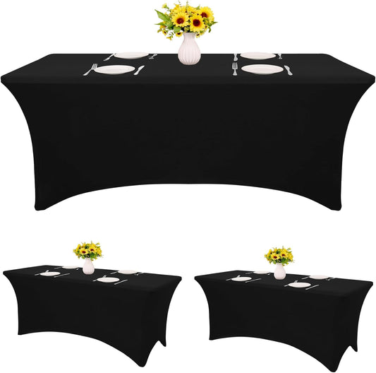 3 Pack Table Cloth 6ft Black Tablecloths for Rectangle Folding Table Spandex Fitted Stretch Cover Wrinkle Resistant Washable Protector for Party, Wedding, Banquet, Festival