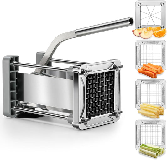 French Fry Cutter,  Professional Stainless Steel Potato Cutter with 1/2", 1/4", 3/8" & Wedge Blades for Potatoes, Carrots, Apples