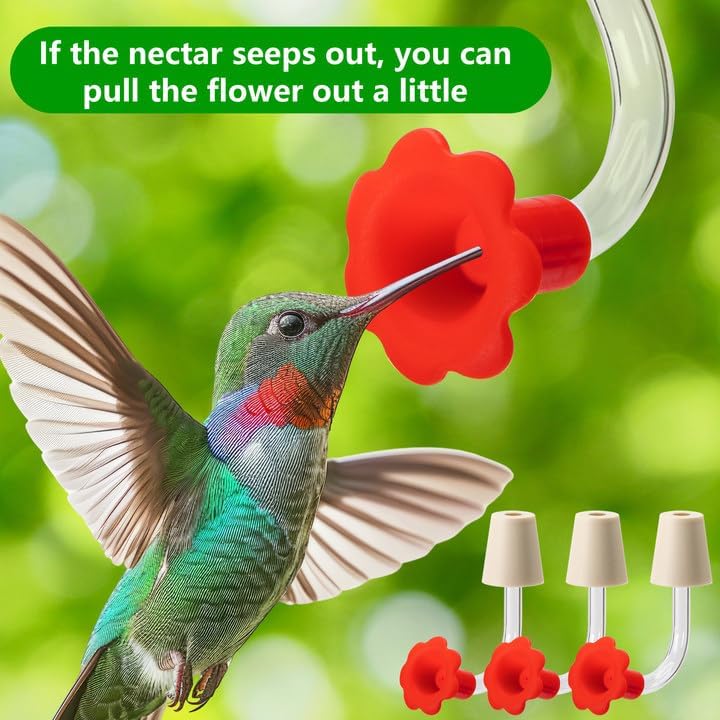 9 Pcs Hummingbird Feeder Tubes with Red Floral Tip, Bird Hummingbird Feeder Replacement Parts with 3 Brush, Outside Flower Bird Water Feeder Tubes Stoppers for Making Your Own Bird Feeders