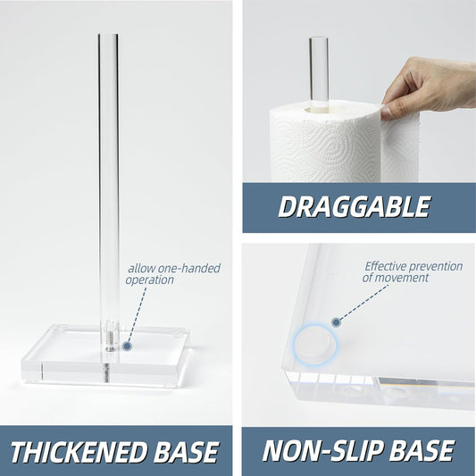 Transparent Acrylic Paper Towel Stand Holder, Freestanding Tabletop Roll Paper Tower Holder, Countertop Paper Towel Dispenser for Kitchen, Bathroom, Coffee Table