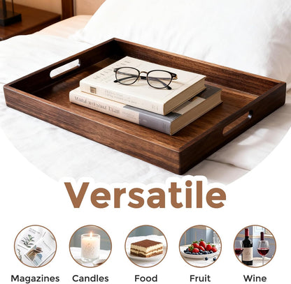 Acacia Wood Serving Tray with Handles, 17 Inch Wooden Tray for Ottoman, Breakfast, Lunch, Dinner, Decorative Rectangular Tray for Living Room, Kitchen Counter, Outdoor