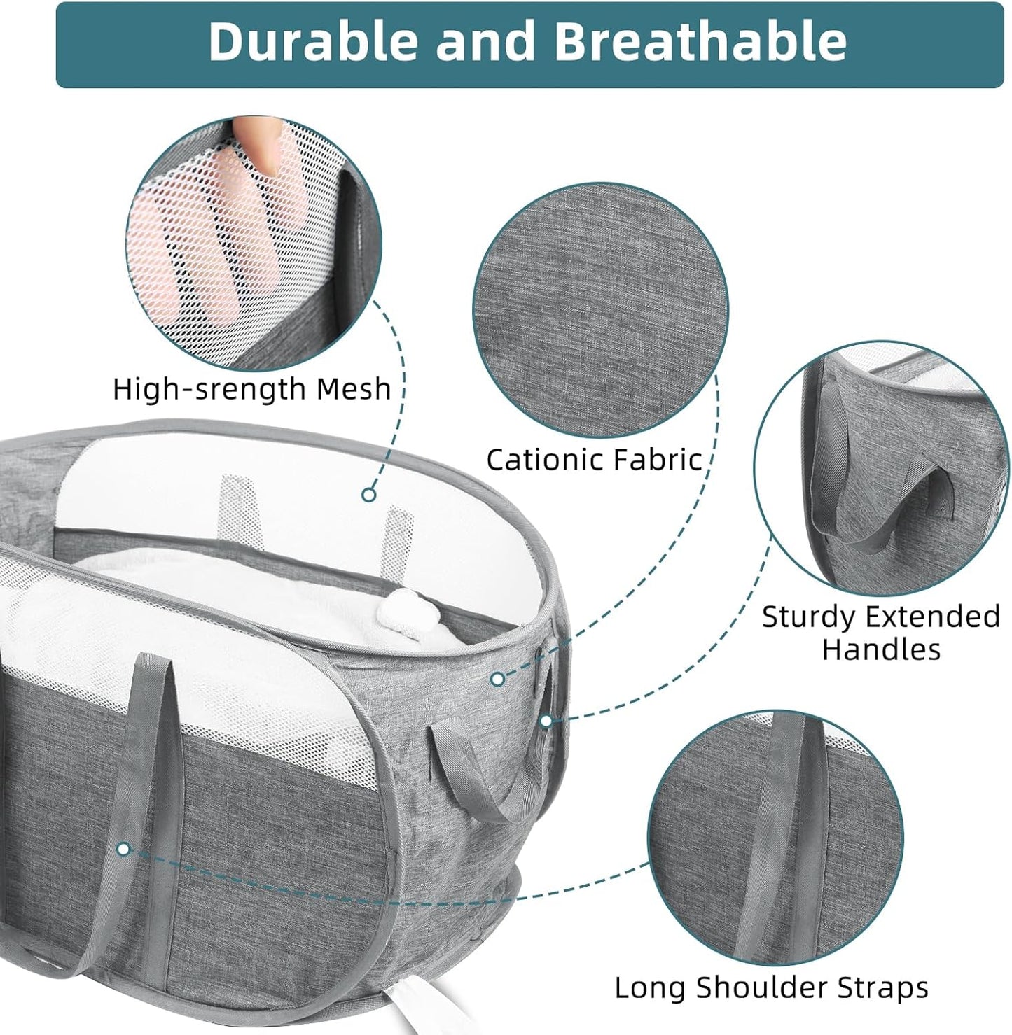 Collapsible Laundry Baskets, Tear Proof Pop Up Laundry Hamper with Dual Handles, Durable Foldable Laundry Basket, Easy to Carry Laundry Hamper for Home, Laundry Room, Bedroom, Dorm, Travel Grey