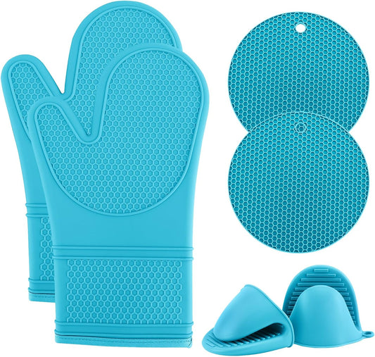 Silicone Oven Mitts- Heat Resistant Gloves with Soft Quilted Lining Oven Mitt Pot Holders for Cooking and BBQ, Teal, Mitt Set