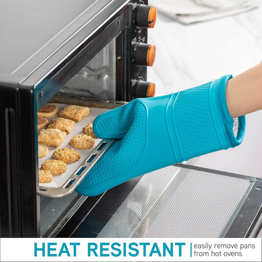 Silicone Oven Mitts- Heat Resistant Gloves with Soft Quilted Lining Oven Mitt Pot Holders for Cooking and BBQ, Teal, Mitt Set