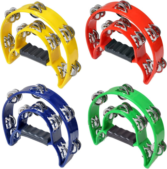 Double Row Tambourine, Half-Moon Musical Tambourine Hand Held for Kids, Adults, Party, KTV 4 colors (9 inch, Pack of 4)