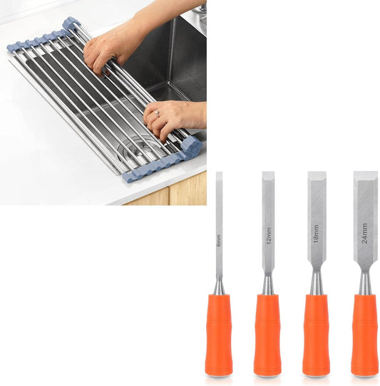 Over The Sink Dish Drying Rack，Foldable Dish Drainer, Gray + 4 Piece Wood Chisel Sets Woodworking Tools Set