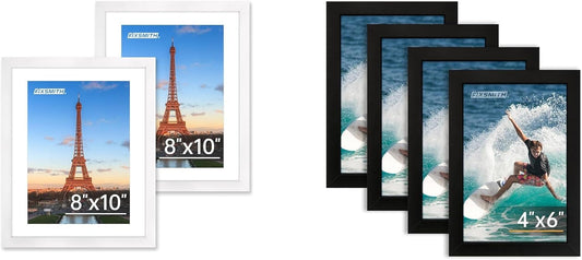 White 8x10 Picture Frame&4x6 Picture Frame Set of 4, 4x6 Photo Frames with HD Plexiglass for Wall Hanging or Tabletop Display, Black