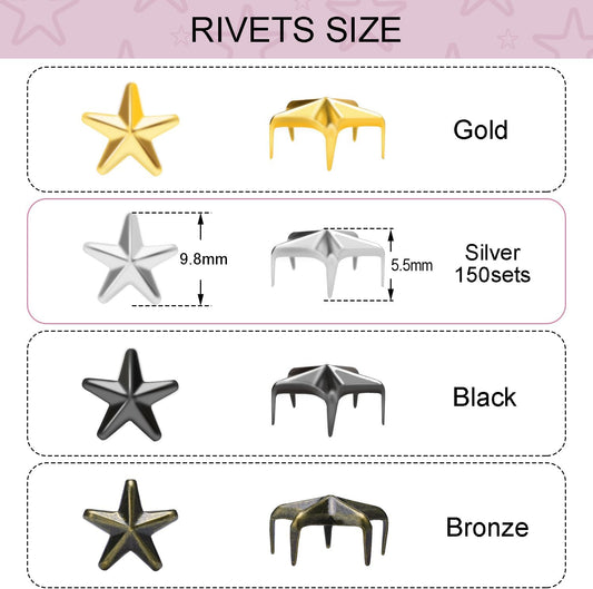 CooBigo 150Pack 10mm Studs for Clothing, Small Star Nailheads Rivets Metal Rivets Spike Stud Leather Claw Rivets for Clothing Belt Bag Shoes Cap Wrist Bracelet Pet Collars DIY Leathercraft (Sliver)