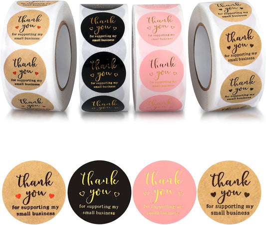 Thank You Round Stickers for Supporting My Small Biness Adhesive Labels, 3-Color, 1inch (2000Pcs, 4 Rolls, Each roll 500Pcs)