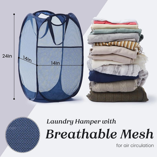 Collapsible Pop Up Laundry Basket, Hamper with Sturdy Handles and Side Pocket - Mesh Portable Foldable Dirty Clothes Hamper for Dorm, Laundry room, Bathroom and Travel Storage, Navy Blue