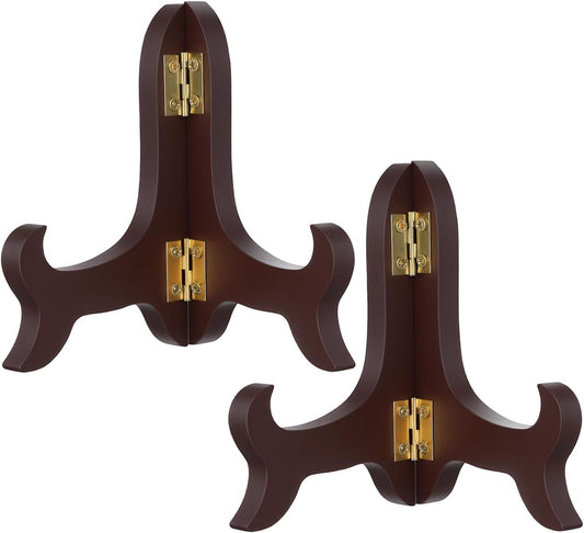 2 Pcs 3.94in Wooden Easel Plate Holder, Decorative Wooden Display Stand, Folding Small Easels for Display, Brown Small Picture Stands for Display Picture Frame Book Dish Artwork Easels