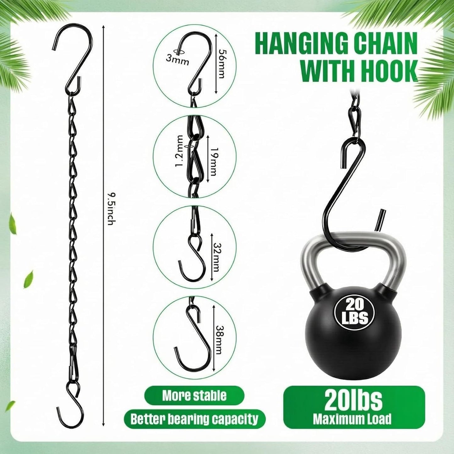 Black 4 Pack Hanging Chain for Bird Feeders, Planters, Lanterns, Wind Chimes, Decorative Ornaments and Birdbaths Basket Extender Chain Outdoor Indoor (9.5 Inch)