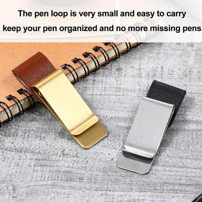2 Pcs PU Leather Retro Notebook Pen Clips Metal Pen Loop Holder Sleeve - Silver & Gold