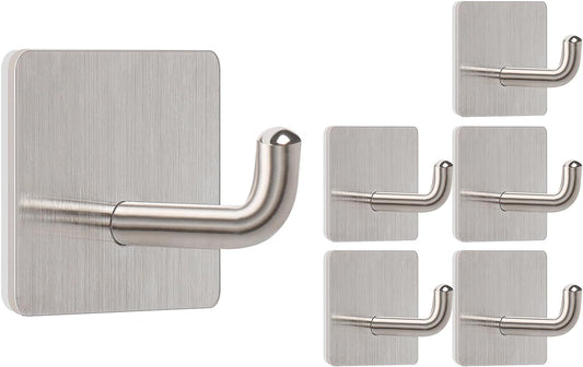 Livabber Adhesive Towel Hooks, 304 Stainless Steel Self Sticky Wall Hooks Waterproof Shower Hooks for Robe/Clothes, No Drilling Towel Hangers for Bathroom Kitchen Bedroom (Brushed Nickel, 6 Packs)