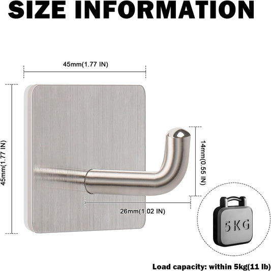 Livabber Adhesive Towel Hooks, 304 Stainless Steel Self Sticky Wall Hooks Waterproof Shower Hooks for Robe/Clothes, No Drilling Towel Hangers for Bathroom Kitchen Bedroom (Brushed Nickel, 6 Packs)