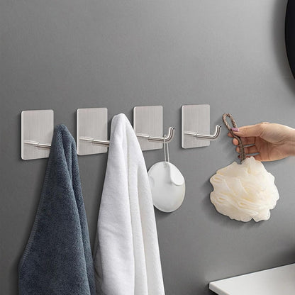 Livabber Adhesive Towel Hooks, 304 Stainless Steel Self Sticky Wall Hooks Waterproof Shower Hooks for Robe/Clothes, No Drilling Towel Hangers for Bathroom Kitchen Bedroom (Brushed Nickel, 6 Packs)