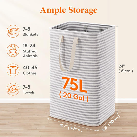 75L Large Collapsible Laundry Hamper, Tall Foldable Dirty Clothes Baskets Waterproof, Freestanding Design with Easy Carry Handles in Dorm Bedroom Bathroom College, Grey