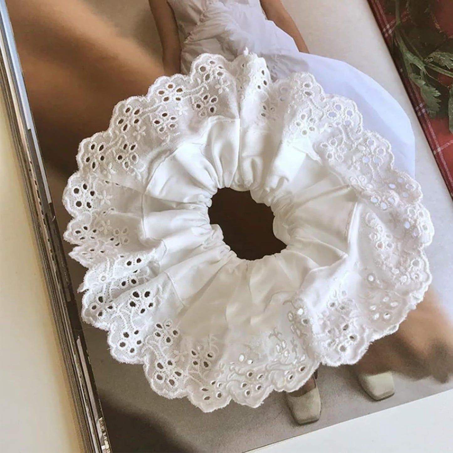 White Scrunchie, Extra Large Lace Scrunchies for Women, 7 Inch Oversized Scrunchie, Satin Big Scrunchies White Hair Ties for Women Girls Thick Thin Hair
