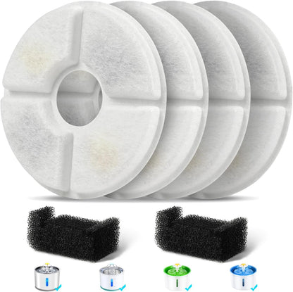 Filters Replacements for Flower Automatic Pet Fountains, Cat Water Fountain Replacement Parts and Dog Water Dispensers Filters for 81oz/2.4L Round Cat Water Fountains (4 Filters+2 Sponges)