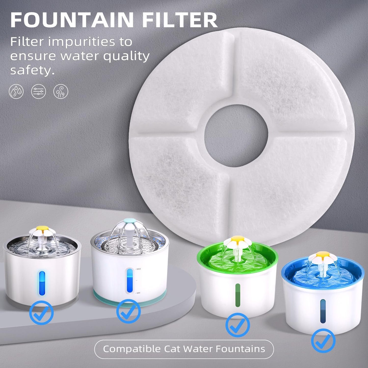 Filters Replacements for Flower Automatic Pet Fountains, Cat Water Fountain Replacement Parts and Dog Water Dispensers Filters for 81oz/2.4L Round Cat Water Fountains (4 Filters+2 Sponges)