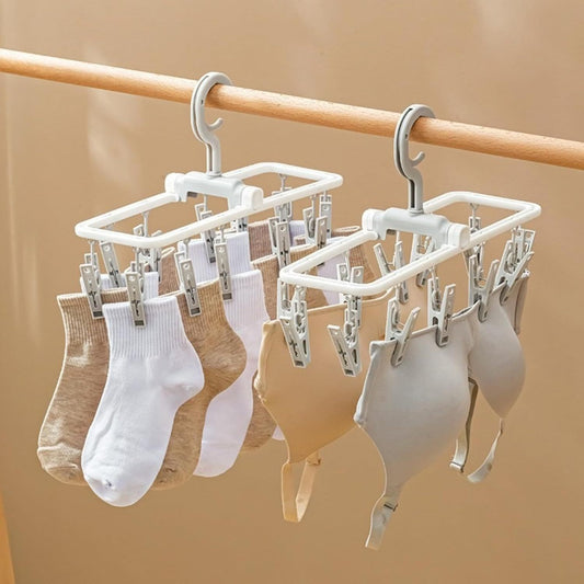 2 Pack Clothes Drying Rack with 12 Multiple Clips, Foldable Portable Travel Hanger for Socks Underwear Bras (White)