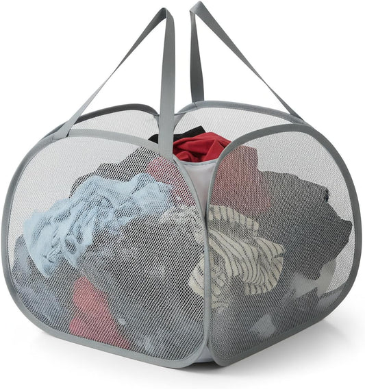 Kimmama Collapsible Mesh Laundry Basket, Foldable Pop Up Laundry Hamper with Side Pocket, Removable Clothes Storage Bin with Handle for Laundry Room, College Drom, Bathroom, Kid Room, Travel, 95L