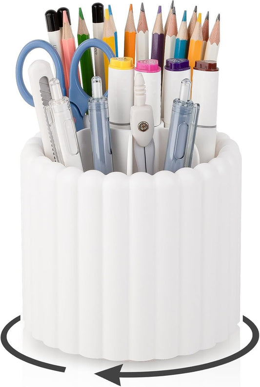 360° Rotating Pen Holder 7 Slots Desk Organizer Removable Pencil Cup Plastic Art Supplies and Accessories Desktop Storage Box Caddy for Office, School, Home (White)
