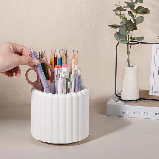 360° Rotating Pen Holder 7 Slots Desk Organizer Removable Pencil Cup Plastic Art Supplies and Accessories Desktop Storage Box Caddy for Office, School, Home (White)