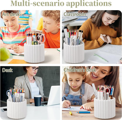 360° Rotating Pen Holder 7 Slots Desk Organizer Removable Pencil Cup Plastic Art Supplies and Accessories Desktop Storage Box Caddy for Office, School, Home (White)